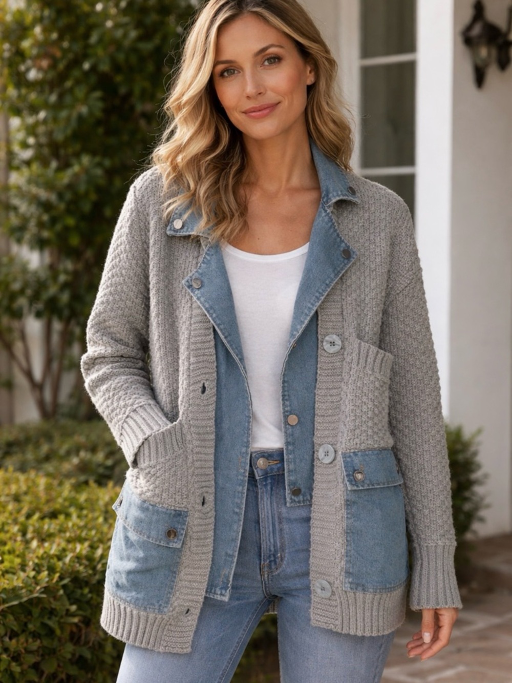 Grey Knit Cardigan with Denim Trim